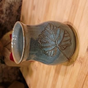 Signed handmade studio pottery vase jar with leaf pattern